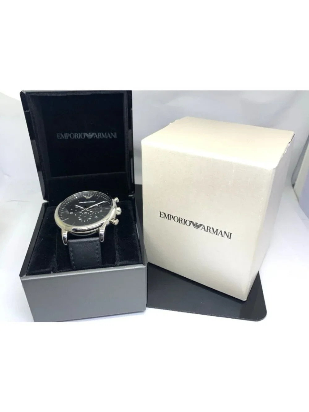 Emporio Armani Men's Watch AR1828 Quartz Chronograph Black Dial Leather Strap